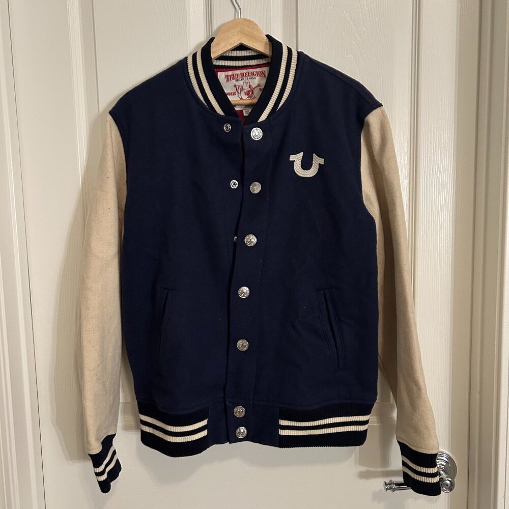 True Religion Varsity Letterman Jacket Wool Blend Snap Front Y2K Streetwear - Picture 5 of 12